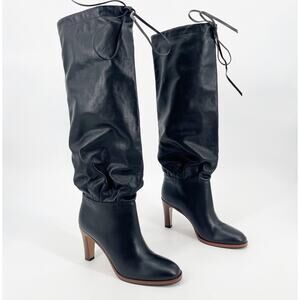 Gucci Black Lisa Slouchy Leather Cinch Tie Knee High Round Toe Heeled Boot EU 39